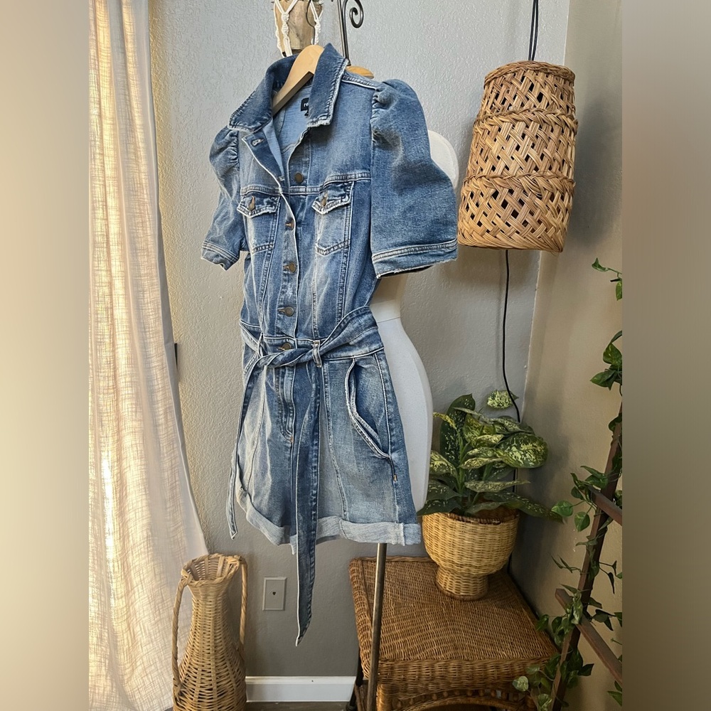 RETROFETE Phoebe Denim Romper Puff Sleeve Belted L - Picture 11 of 16